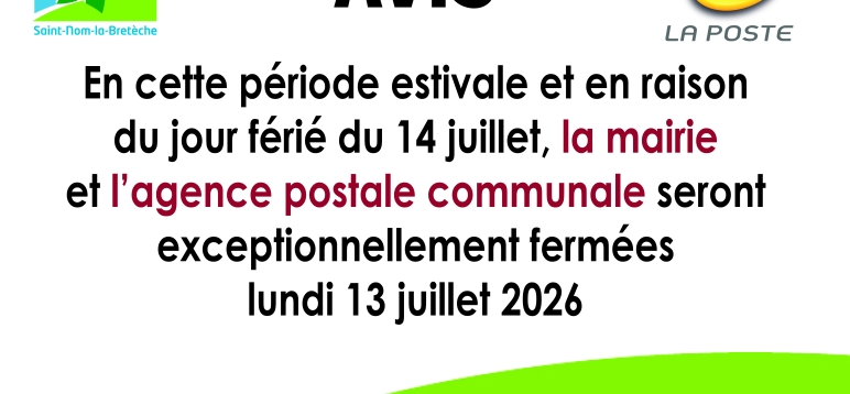 Fermeture Mairie / Poste le 13 juillet 2026